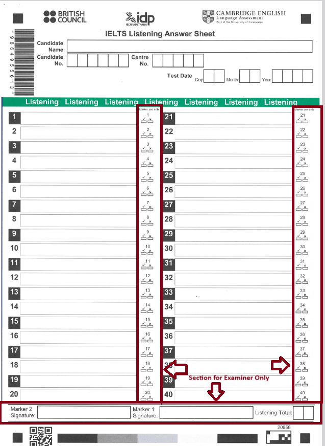 ielts listening answer sheet examiner section